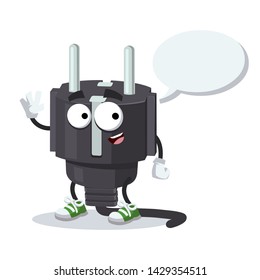 cartoon joyful power plug type F mascot with a speech bubble on a white background