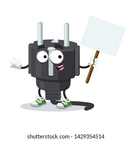 cartoon joyful power plug type F mascot with tablet in hand on white background