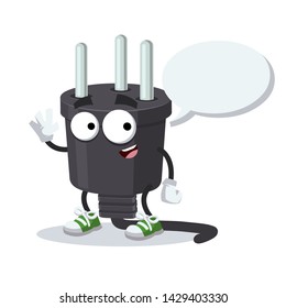 cartoon joyful power plug type H mascot with a speech bubble on a white background