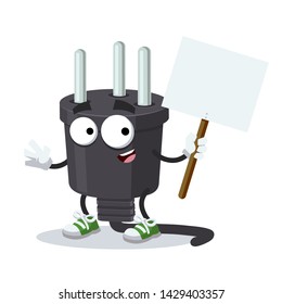 cartoon joyful power plug type H mascot with tablet in hand on white background