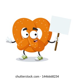 cartoon joyful pretzel with sesame seeds mascot with tablet in hand on white background
