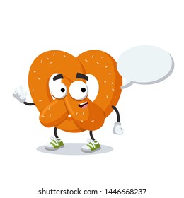 cartoon joyful pretzel with sesame seeds mascot with a speech bubble on a white background