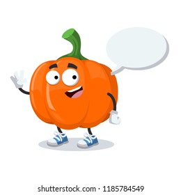 cartoon joyful pumpkin mascot with a speech bubble on a white background