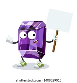 cartoon joyful purple amethyst faceted gemstone mascot with tablet in hand on white background