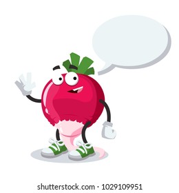 cartoon joyful radish mascot with a caption cloud on a white background