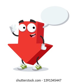 cartoon joyful red arrow Down mascot with a speech bubble on a white background