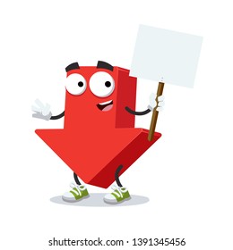 cartoon joyful red arrow Down mascot with tablet in hand on white background