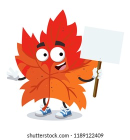 cartoon joyful red autumn maple leaf mascot with tablet in hand on white background