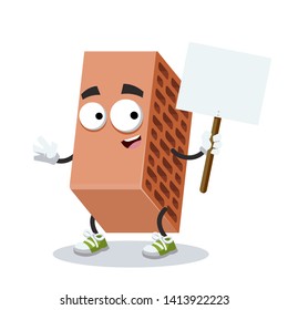 cartoon joyful red brick with holes mascot with tablet in hand on white background