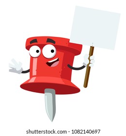 cartoon joyful red push pin mascot with tablet in hand on white background