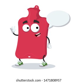 cartoon joyful red rubber medical warmer mascot with a speech bubble on a white background