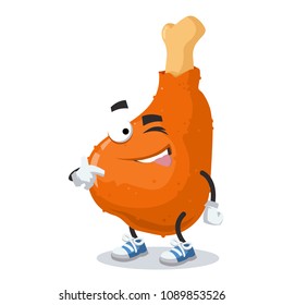 cartoon joyful roast chicken leg winks on a white background