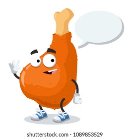 cartoon joyful roast chicken leg mascot with a speech bubble on a white background