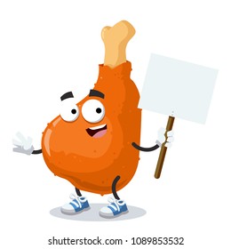 cartoon joyful roast chicken leg mascot with tablet in hand on white background