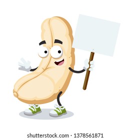 cartoon joyful roasted cashew nut kernel mascot with tablet in hand on white background