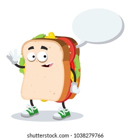 cartoon joyful sandwich mascot with a caption cloud on a white background