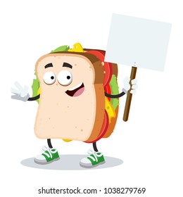 cartoon joyful sandwich mascot with tablet in hand on white background