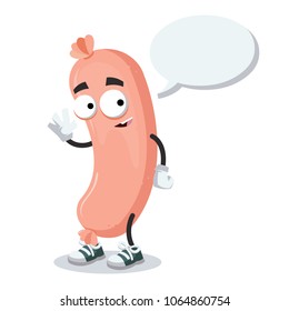 cartoon joyful sausage mascot with a caption cloud on a white background