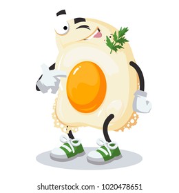 cartoon joyful scrambled eggs can mascot winks on white background