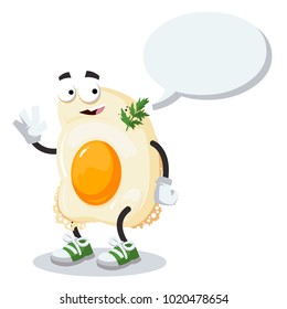 cartoon joyful scrambled eggs mascot with a caption cloud on a white background