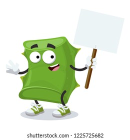 cartoon joyful slice aloe vera mascot with tablet in hand on white background