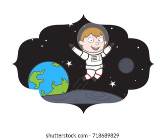 Cartoon Joyful Space-Traveler Jumping in Space Vector Illustration