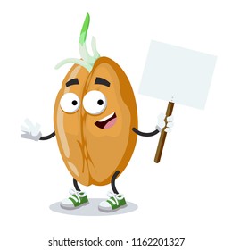 cartoon joyful sprouted wheat seed mascot with tablet in hand on white background