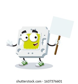 cartoon joyful square LED chip mascot with tablet in hand on white background