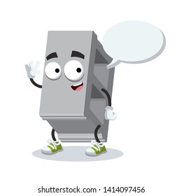 cartoon joyful standard concrete building block mascot with a speech bubble on a white background