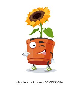 cartoon joyful sunflower flower in a pot winks on a white background