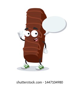 cartoon joyful sweet milk chocolate bar mascot with a speech bubble on a white background