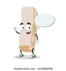 cartoon joyful sweet nougat with nuts mascot with a speech bubble on a white background