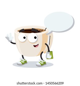 cartoon joyful tea cup with tea bag mascot with a speech bubble on a white background