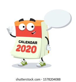 cartoon joyful tear-off calendar for 2020 year mascot with a speech bubble on a white background