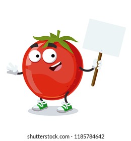 cartoon joyful tomato mascot with tablet in hand on white background
