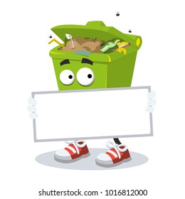 cartoon joyful trash can mascot with tablet in hands on white background