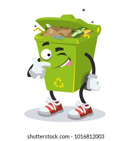 cartoon joyful trash can mascot winks on white background