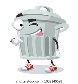 cartoon joyful trash can winks on a white background