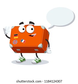 cartoon joyful travel suitcase baggage mascot with a speech bubble on a white background