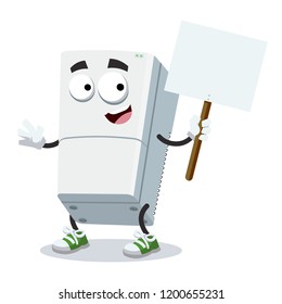 cartoon joyful two compartment refrigerator mascot with tablet in hand on white background