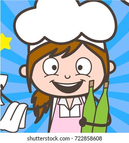 Cartoon Joyful Waitress with Bottles Vector Illustration