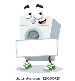cartoon joyful washing machine mascot with tablet in hands on white background