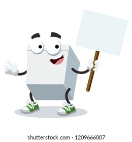 cartoon joyful white blank cardboard package box mascot with tablet in hand on white background