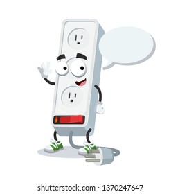 cartoon joyful white electrical power strip 3-way plug socket mascot with a speech bubble on a white background