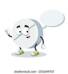 cartoon joyful white round medical pill mascot with a speech bubble on a white background