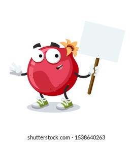 cartoon joyful whole fresh pomegranate fruit mascot with tablet in hand on white background