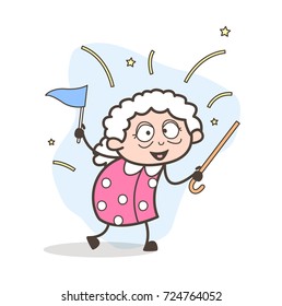 Cartoon Joyful Winner Granny Vector Illustration