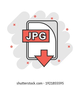 Cartoon JPG file icon in comic style. Image download sign illustration pictogram. Document splash business concept.