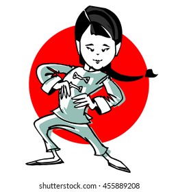 Cartoon of judo or taichi asian girl woman
