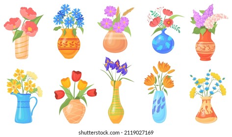 Cartoon jug with flower. Blooming flowers in vases, colorful vase with bouquet spring plant, home floral pitcher lilac and tulips, bottle water flowerpot, vector illustration. Blossom cartoon vase